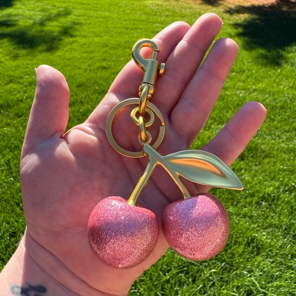 Sparkling Cherry Keychain in Gold and Pink - Picture 1 of 2
